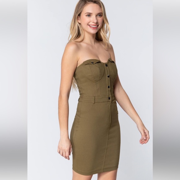 FEW LEFT “Summer Love" Olive Green Strapless Button Down Mini Dress - Picture 4 of 6